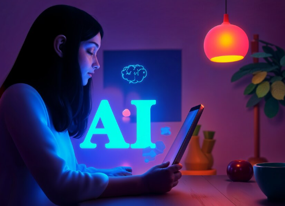Girl using tablet with glowing AI hologram text.