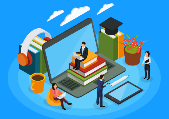 People studying with digital books and online learning tools.