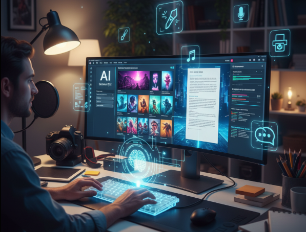 Man using AI software for creative digital content generation.