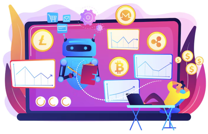 Robot managing cryptocurrency trading graphs and digital currencies