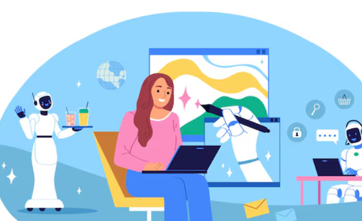 Woman using laptop while robots assist with tasks.