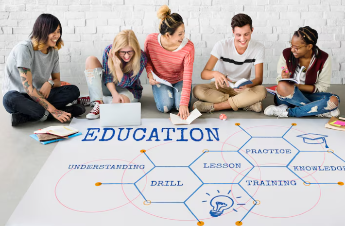 Group of students studying together with education keywords