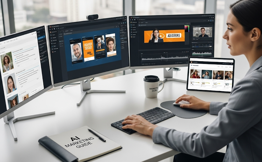 Woman working on AI-powered marketing tools across monitors.