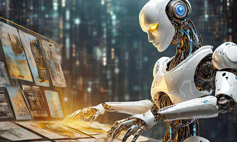 Futuristic humanoid robot with glowing yellow eyes interacting with multiple digital screens displaying data and visuals.