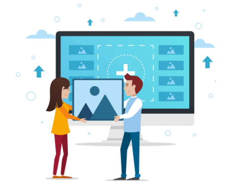 Illustration of a man and woman holding a picture in front of a large computer screen with upload icons.