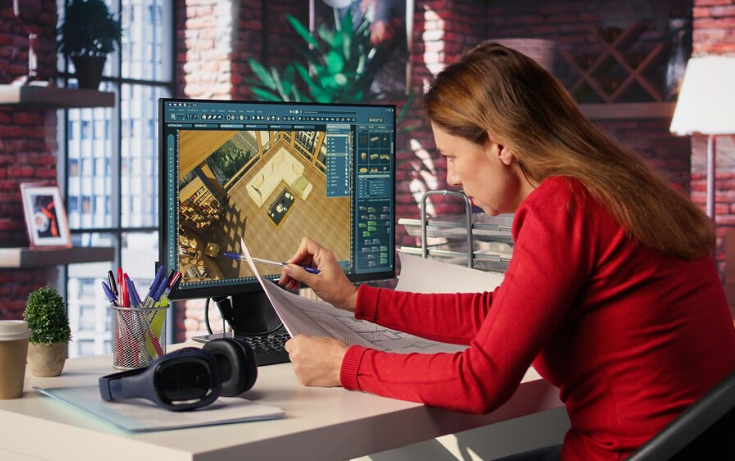Interior designer working at a desk, reviewing floor plans while designing a 3D room model on a computer screen.