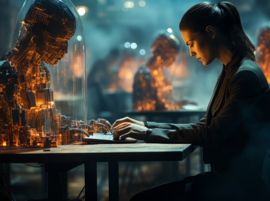 Focused woman typing on a laptop beside a glowing humanoid AI figure made of digital circuits in a futuristic setting.
