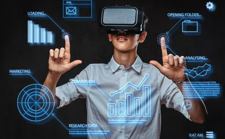 Young man wearing a VR headset interacting with virtual data dashboards and holographic analytics charts.