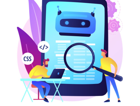 Cartoon of two people analyzing code on a giant tablet with a robot face, CSS and coding symbols.