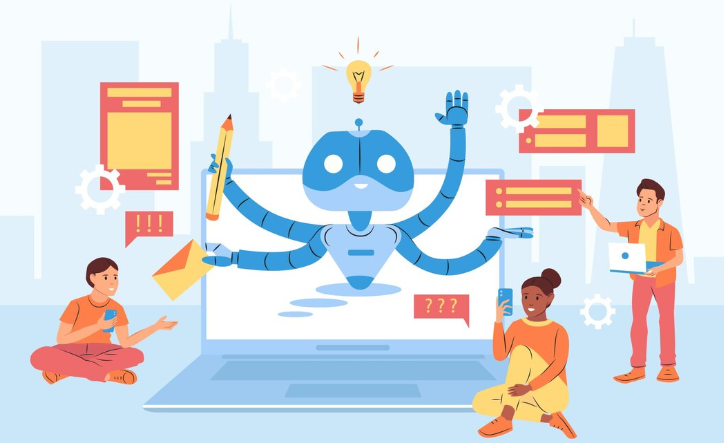 Cartoon robot with multiple arms holding tools, surrounded by people working on communication, tasks, and ideas.