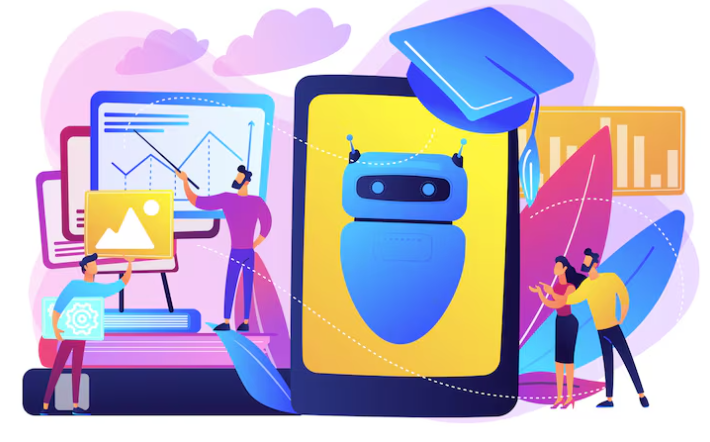 Illustration of a large digital tablet showing a robot with a graduation cap, surrounded by people analyzing charts and graphics.