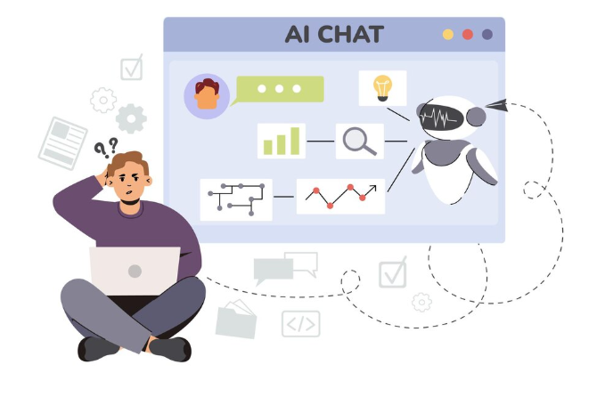 Cartoon of a man with a laptop looking confused while an AI chatbot provides answers on a digital screen.