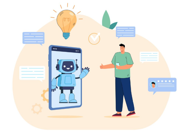 Illustration of a smiling man giving a thumbs up to a chatbot on a smartphone screen with a glowing lightbulb overhead.