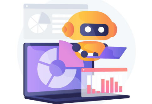 Cartoon robot emerging from a laptop, analyzing charts and graphs with colorful data visuals.