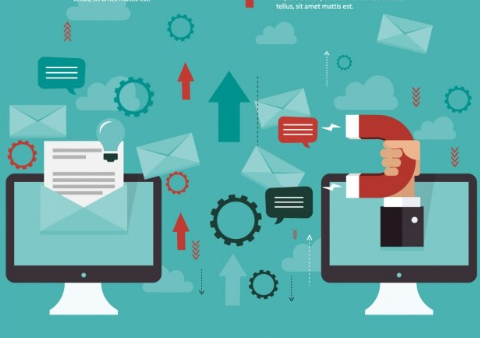 Vector illustration of two computer monitors exchanging messages, gears, and arrows representing digital communication.