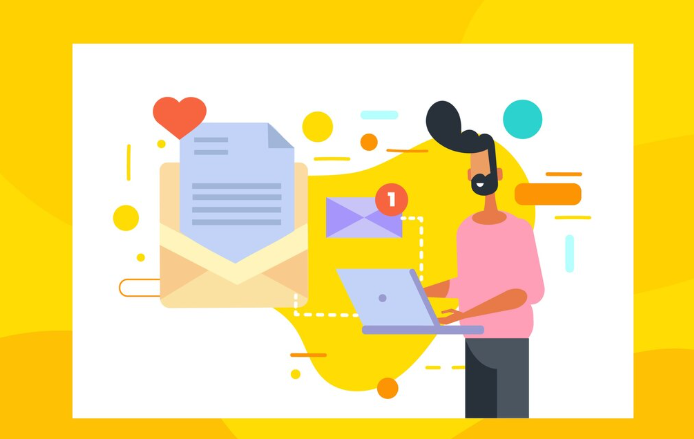 Cartoon man using a laptop with large email icons and notification symbols in the background.
