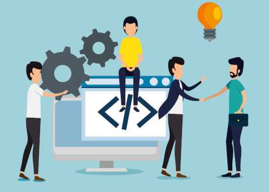 Illustration of a team collaborating on software development with coding symbols, gears, and idea lightbulb.