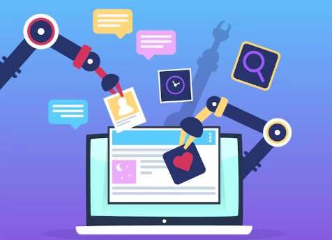 Vector of robotic arms managing tasks on a laptop, handling icons for search, messages, and user profiles.