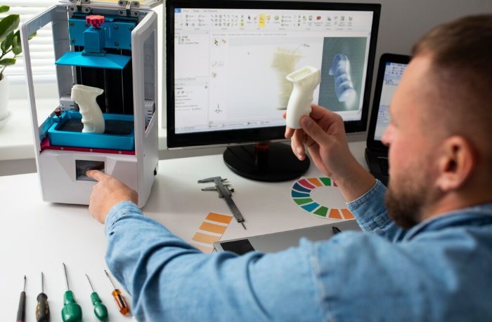 Man working on a 3D printer and CAD software, holding a printed prototype in an office workspace.
