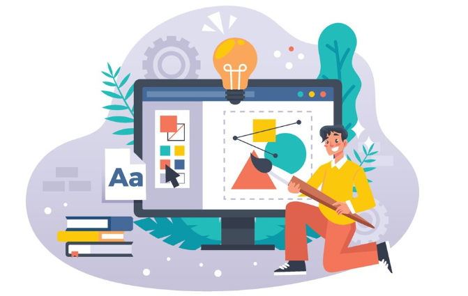 Cartoon designer creating digital artwork on a computer screen with shapes, colors, and typography tools.