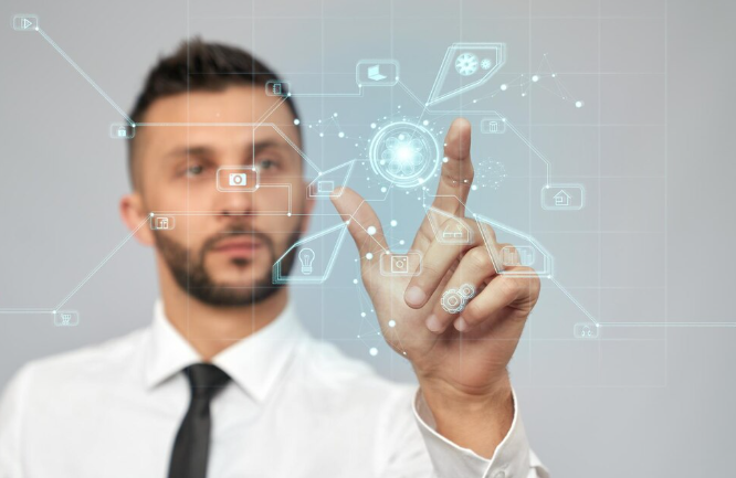 Businessman interacting with a transparent digital touchscreen interface displaying futuristic icons and data.