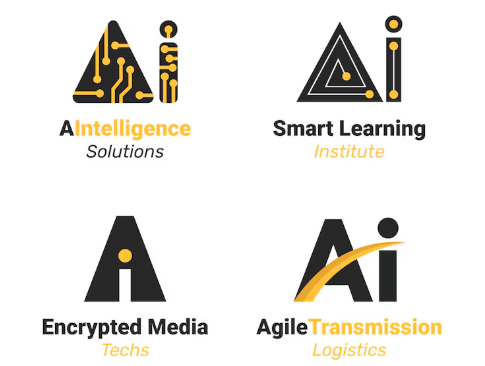 Collection of AI logos in black and yellow with technology-inspired designs and text like 'AI intelligence'.