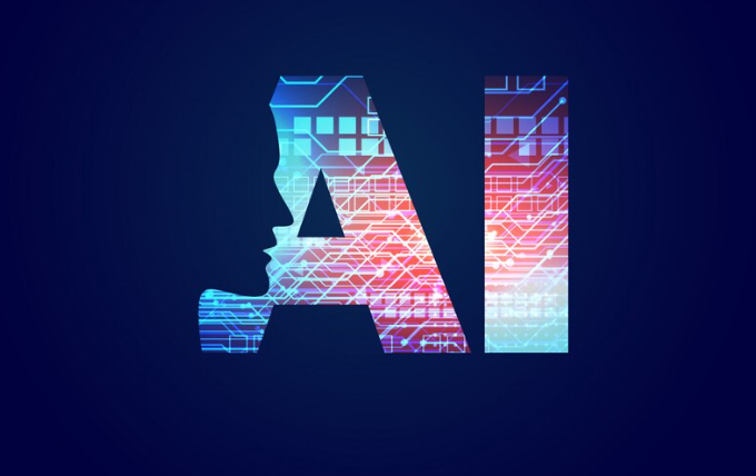 AI typography with a colorful circuit board background and a human silhouette profile integrated into the letter A.