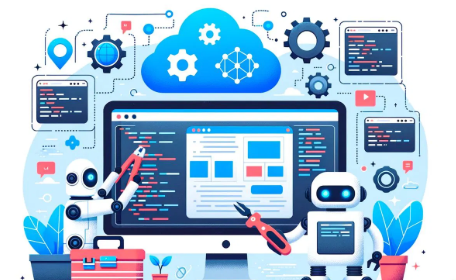 Illustration of two robots programming in front of a large computer screen with cloud computing and coding icons.