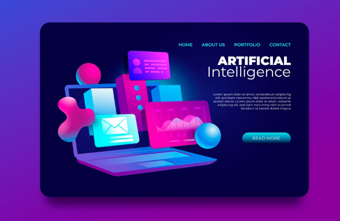 Colorful artificial intelligence landing page design with laptop, charts, email, and 3D abstract elements.