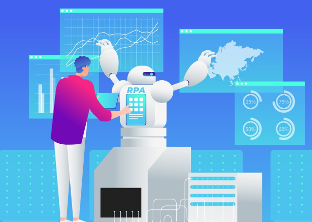 Illustration of a person interacting with an RPA robot surrounded by digital data dashboards and charts.