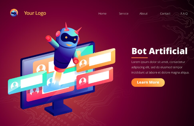Illustration of a chatbot mascot jumping out of a computer monitor with colorful chat bubbles, promoting bot artificial intelligence services.