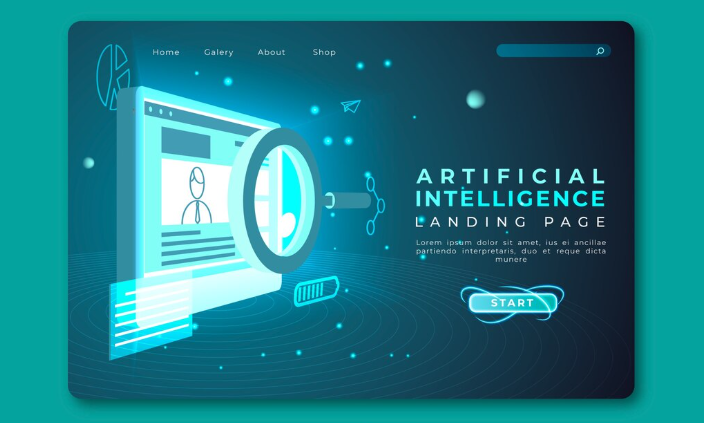 Futuristic landing page design showing a magnifying glass analyzing a webpage with the text “Artificial Intelligence Landing Page.”