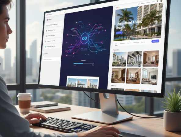 Person working at a desk with a large monitor displaying AI data visualization on the left and a real estate website with property listings on the right.