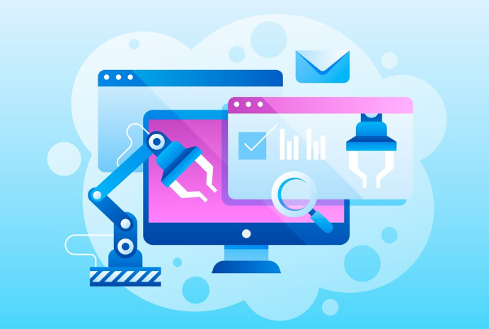 Illustration of robotic arms, computer screens, and icons representing automation and data analysis.