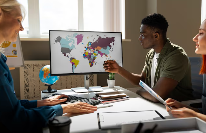 Group of people in an office discussing a digital world map displayed on a computer screen.