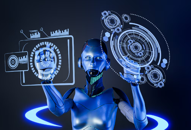 Futuristic humanoid robot interacting with holographic digital interfaces.