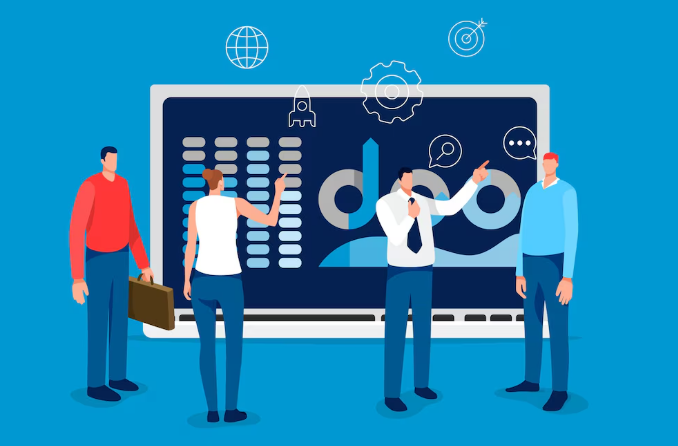 Team discussing processes in front of a big digital board (business workflow illustration).