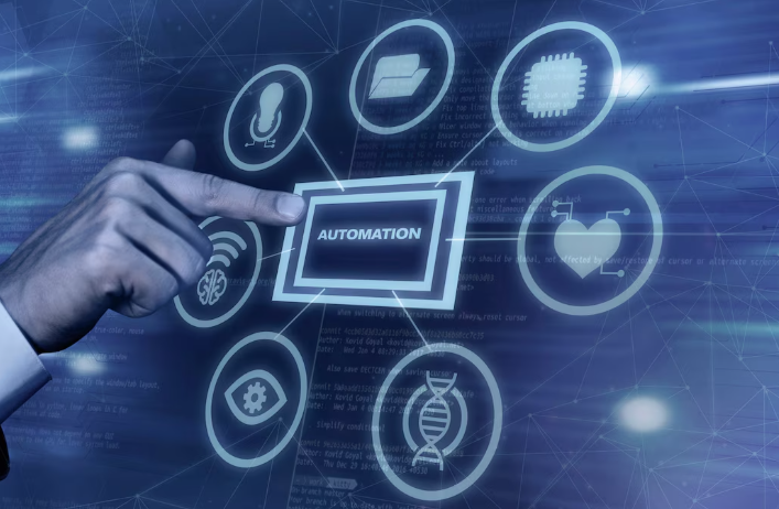 Futuristic hand pressing a digital “Automation” button surrounded by icons.