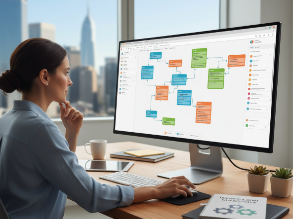 Person at a desk working on a monitor displaying a colorful workflow diagram.