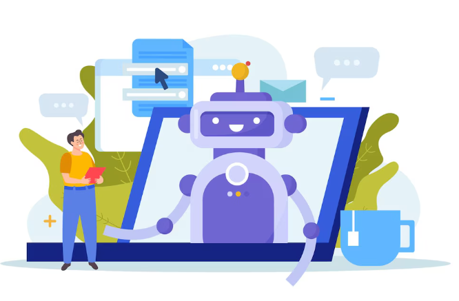 A smiling purple robot with antennas emerging from a laptop screen, standing next to a man holding a tablet.