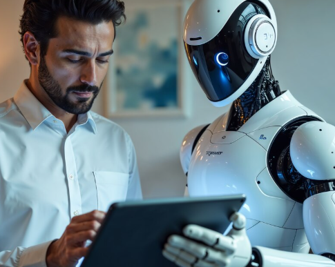 A man using a tablet while standing beside a humanoid robot with a sleek white and black design.