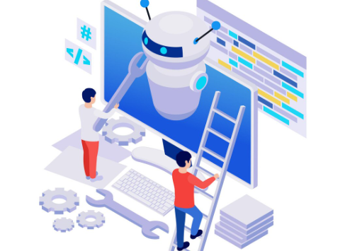 Two people using tools and a ladder to assemble a robot on a large computer screen illustration.
