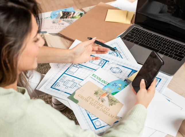A woman working at a desk with architectural blueprints, documents, and a laptop while holding her phone.