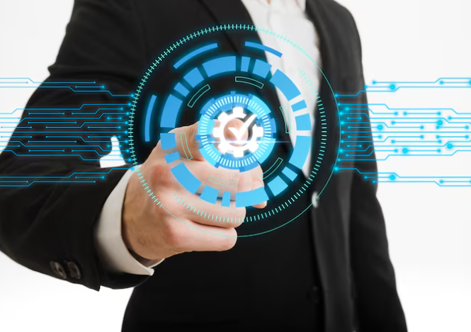 A businessman in a suit pressing a digital cog/checkmark interface