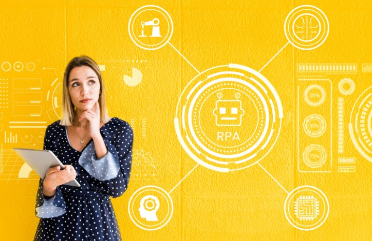 A woman with a tablet thinking, surrounded by digital icons and "RPA" text