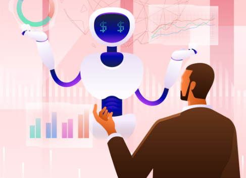 An illustrated businessperson engaging with a robot showing charts and dollar signs