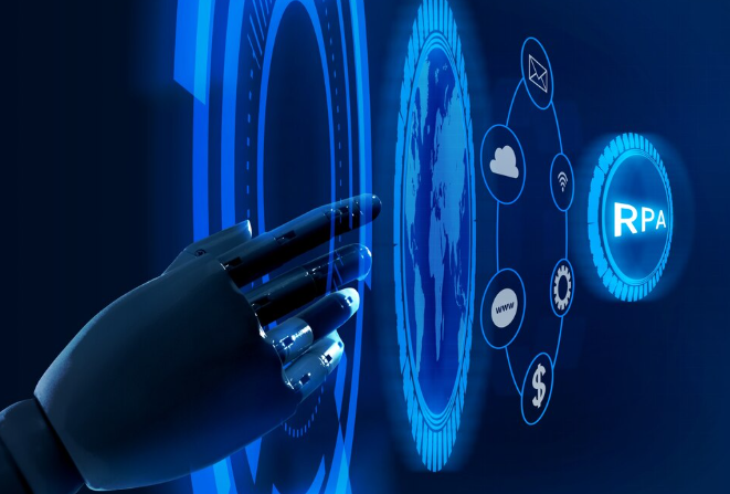 A robotic hand interacting with a digital interface featuring "RPA" and cloud/money icons