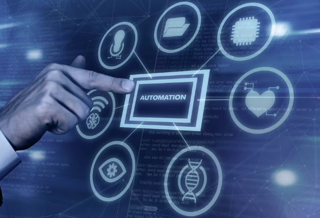 A businessman pointing at a glowing digital interface labeled “Automation,” surrounded by futuristic icons representing technology and data.