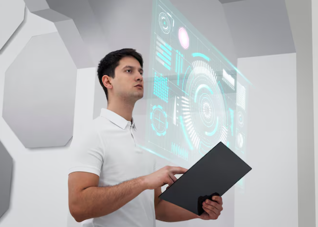 A young professional holding a digital tablet while interacting with a large futuristic virtual interface projection.