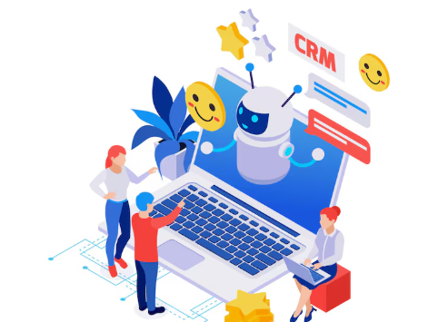 Robot chatbot on laptop screen with CRM and happy customers.